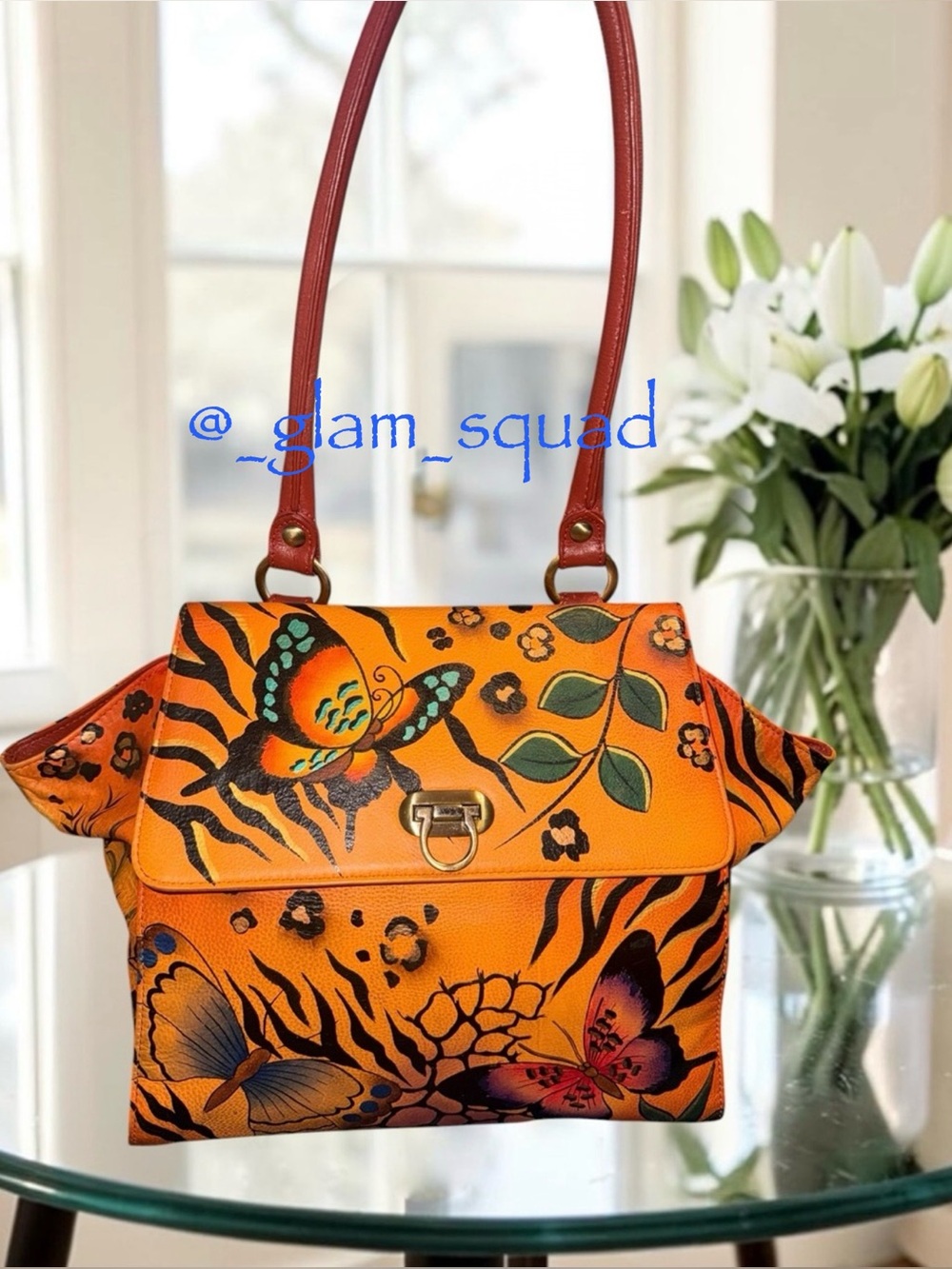 Anuschka Hand-Painted Leather Handbag - Animal Butterfly Orange EUC